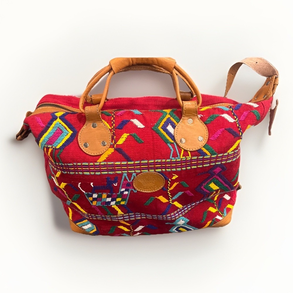 Vintage Guatemalan Huipil Weekender Bag Woven Textile Leather Travel Boho